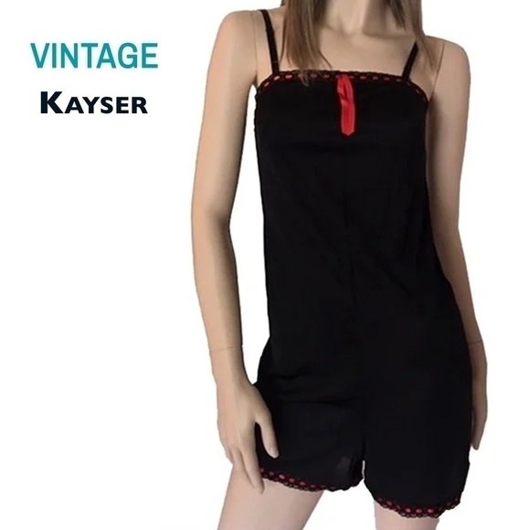 VINTAGE 60s Kayser Black Nylon Teddy Culotte Slip Red Satin ribbon detail - Picture 10 of 12